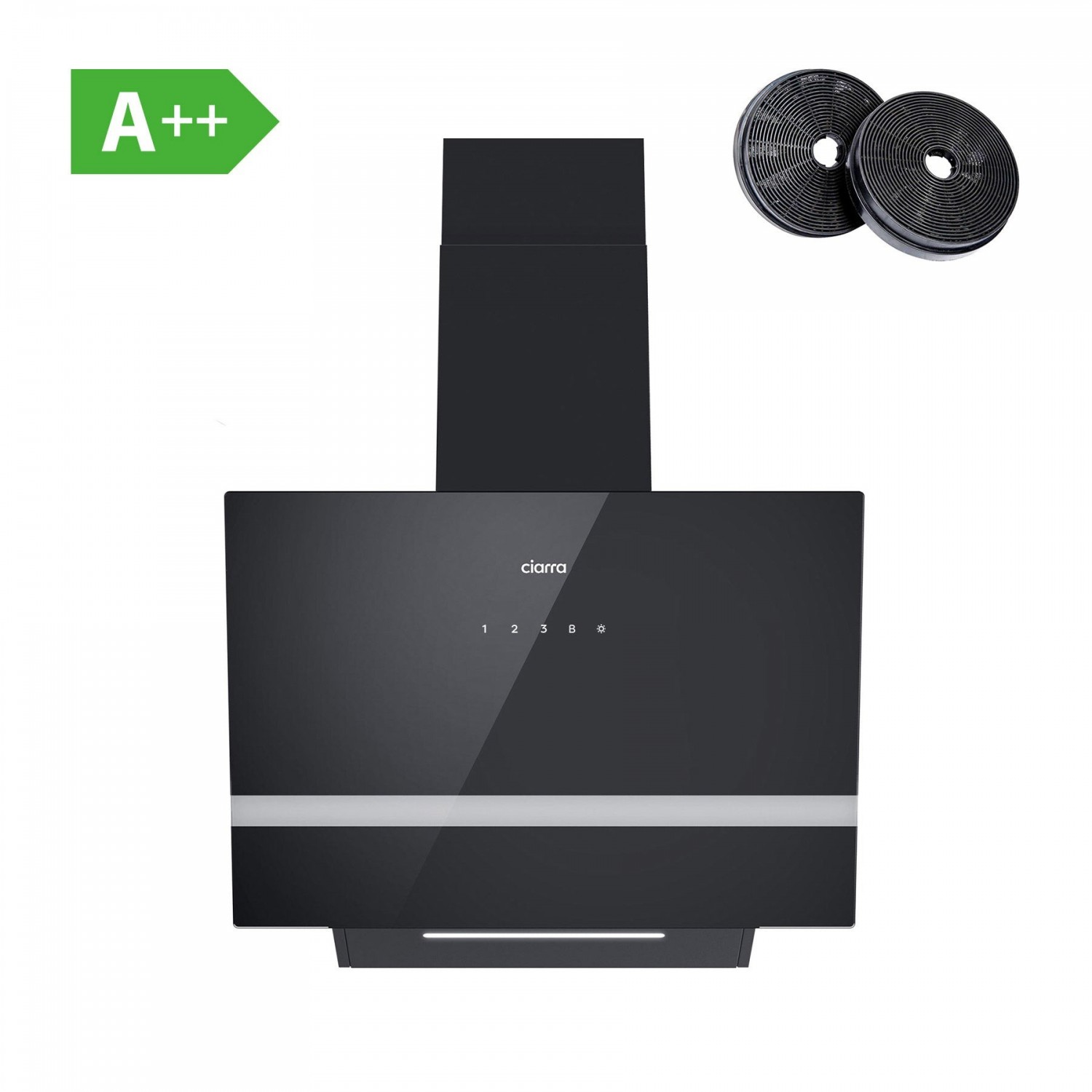 Ciarra CBCB6736H-OW Hotte inclinée 650m³/h Classe A++ Eclairage LED Noir